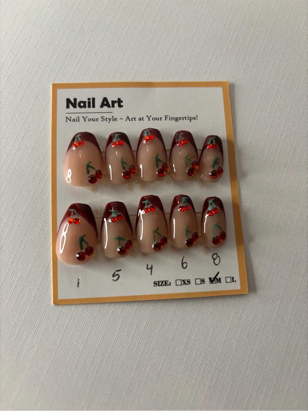 Nail Art Cherry Accent Press-On Nails in Nude and Red